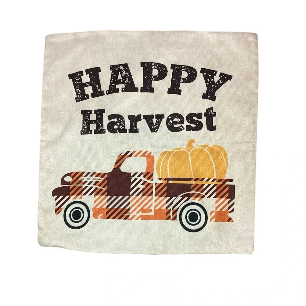 Fall Pillow Covers Happy Harvest Plaid Pumpkin 17” x 17” Farmhouse Lot of 2
